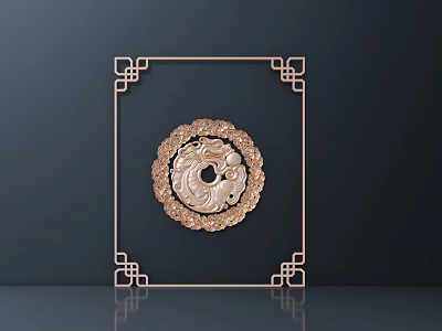 Golden Circular Carved Design with Square Frame and Geometric Patterns on Dark Background 3d model
