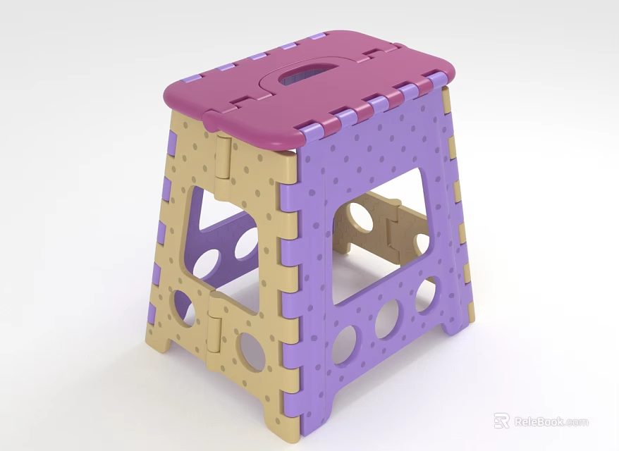 Plastic Folding Stool With Pink Purple Beige Polka Dot Pattern And Portable Design 3d model 
