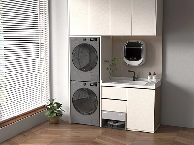 Functional Laundry Room Setup With Stacked Washer Dryer Sink Cabinet Blinds And Potted Plant 3d model