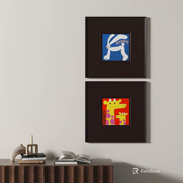 Abstract Paintings With Blue Red Background Animal Figures Dark Frames Wall Decor 3d model