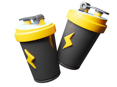 Sports Equipment Shaker Bottles In Black And Yellow With Lightning Bolt Design For Fitness Workouts 3d model