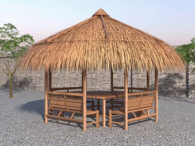 Thatched Roof Wooden Pavilion With Stone Wall Trees And Outdoor Seating 3d model