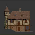 Miniature House Model Featuring Tower Red Roof Yellow Brown Walls Balcony Windows And Stone Base