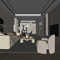 Modern Living and Dining Room Interior with White Sofa Dining Table and TV Wall