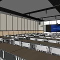 School Classroom Interior Design With Rows Of Desks Chairs And Projection Screen