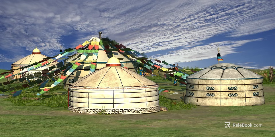 Garden Decorative Yurts With Colorful Prayer Flags On Green Grass Under Blue Sky 3d model 