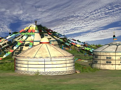 Garden Decorative Yurts With Colorful Prayer Flags On Green Grass Under Blue Sky 3d model