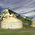 Garden Decorative Yurts With Colorful Prayer Flags On Green Grass Under Blue Sky
