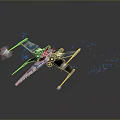Blue And White Themed Aerospace Vehicle Flying In Dark Background With Debris Particles