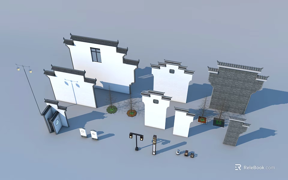 Traditional Chinese Building Exterior Walls With White Surfaces And Black Roof Details 3d model 