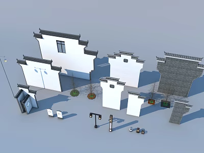 Traditional Chinese Building Exterior Walls With White Surfaces And Black Roof Details 3d model