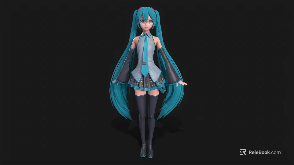 Woman In School Uniform With Turquoise Long Hair Tie Short Skirt And Knee High Socks 3d model 