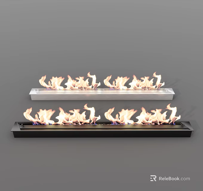 Modern Linear Fireplace Design With Silver And Black Frames And Realistic Flames 3d model