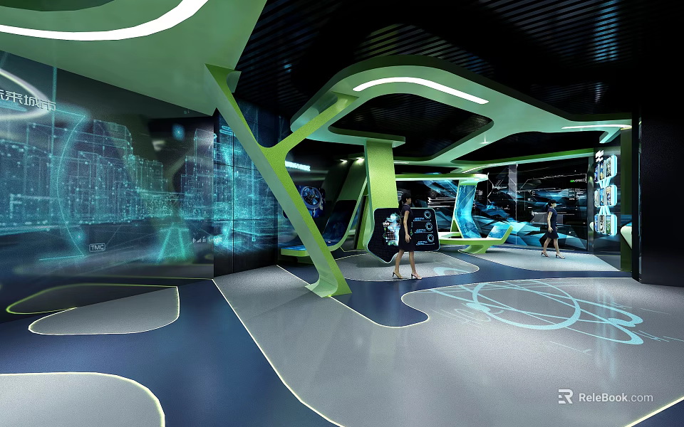Modern Technology Exhibition Hall With Interactive Digital Displays And Geometric Floor Design 3d model 