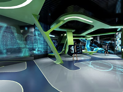 Modern Technology Exhibition Hall With Interactive Digital Displays And Geometric Floor Design 3d model