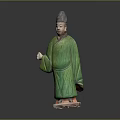 Ancient Terracotta Figurine In Green Robe With Hat And Standing Posture On Base
