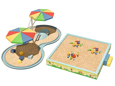 Outdoor Garden Landscape With Children's Sandpit Colorful Umbrellas And Play Toys 3d model