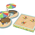 Outdoor Garden Landscape With Children's Sandpit Colorful Umbrellas And Play Toys