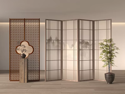 Decorative Room Dividers With Geometric Floral Patterns And Transparent Landscape Panels Near Potted Plant 3d model
