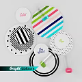 Modern Dinnerware Set Featuring Striped Polka Dot Plates And Colorful Base Glasses With Text