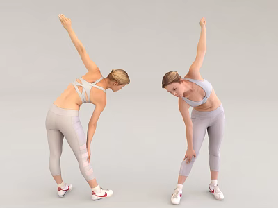 Woman Doing Side Stretching Exercise In Gray Activewear And White Sneakers 3d model