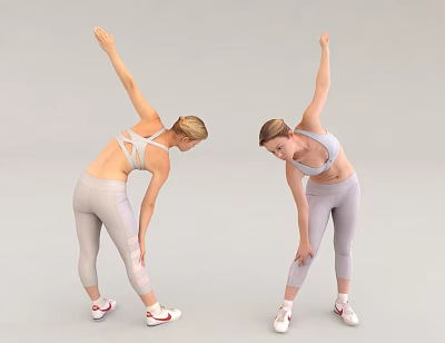 Woman Doing Side Stretching Exercise In Gray Activewear And White Sneakers 3d model