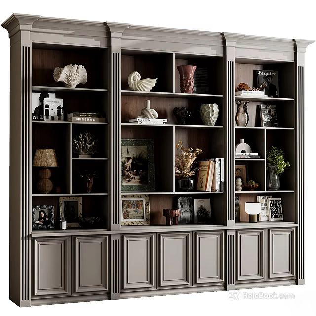 Modern Luxurious Full Wall Bookcase Filled With Exquisite Decorations Books Photo Frames And Storage Cabinets 3d model 