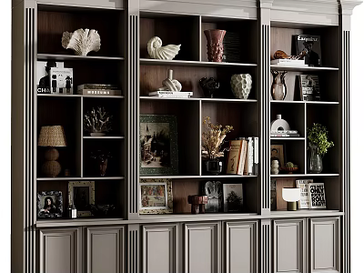 Modern Luxurious Full Wall Bookcase Filled With Exquisite Decorations Books Photo Frames And Storage Cabinets 3d model