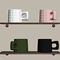 Colorful Ceramic Mugs in White Pink Green Black on Two Wooden Shelves