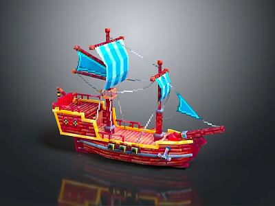 Commercial Equipment Red Pirate Ship Model With Blue Sails For Business Decor Displays 3d model