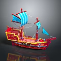 Commercial Equipment Red Pirate Ship Model With Blue Sails For Business Decor Displays