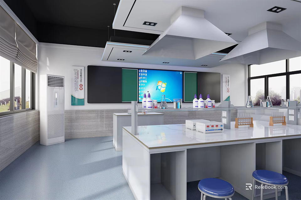 Modern Laboratory Interior With White Tables Fume Hoods And Display Screens 3d model 
