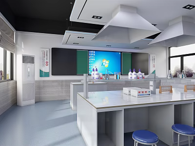 Modern Laboratory Interior With White Tables Fume Hoods And Display Screens 3d model