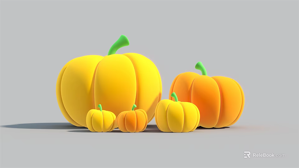 Inflatable Pumpkin Decorations in Various Sizes with Yellow Orange Hues and Green Stems 3d model 