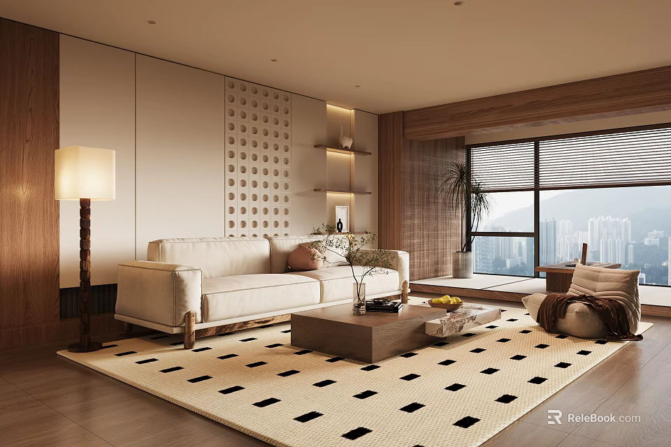 Modern Living Room Interior Design With Beige Sofa Black Square Rug And City View 3d model 