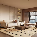 Modern Living Room Interior Design With Beige Sofa Black Square Rug And City View