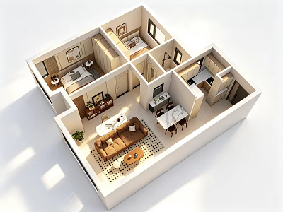 Bird's Eye View of House Interior Layout With Living Room Dining Area And Bedrooms 3d model