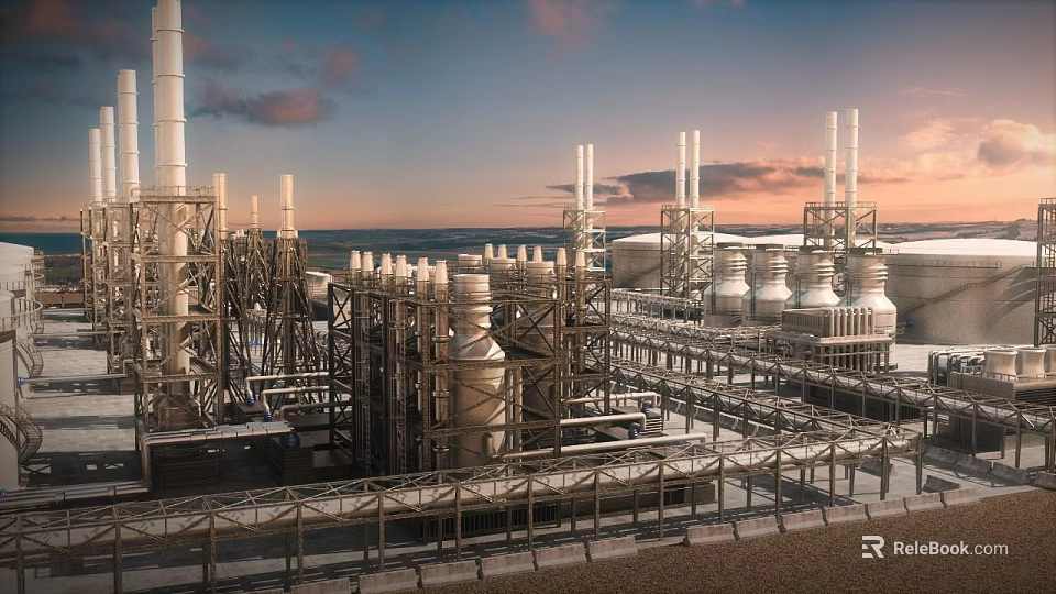 Coastal Industrial Plant With Tall Metal Towers Pipelines And Sunset Sky 3d model 