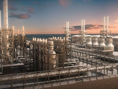 Coastal Industrial Plant With Tall Metal Towers Pipelines And Sunset Sky 3d model