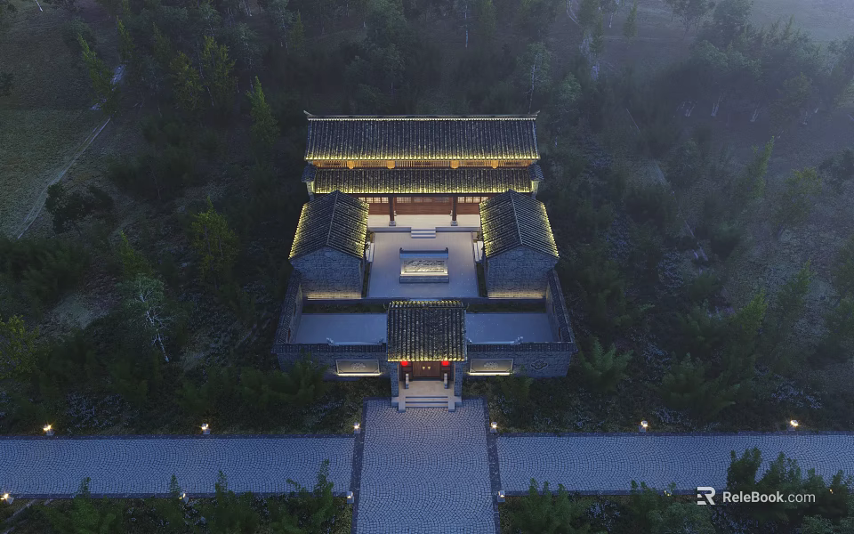 Traditional Chinese Pendant Lamp in Ancient Courtyard Night View with Trees and Warm Lighting 3d model 