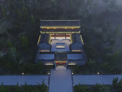 Traditional Chinese Pendant Lamp in Ancient Courtyard Night View with Trees and Warm Lighting 3d model