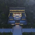 Traditional Chinese Pendant Lamp in Ancient Courtyard Night View with Trees and Warm Lighting