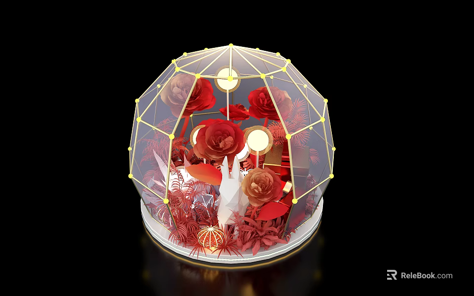 Transparent Dome Decoration With Red Roses Golden Frame And Interior Lights 3d model 