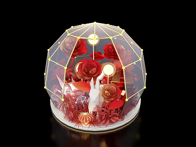 Transparent Dome Decoration With Red Roses Golden Frame And Interior Lights 3d model