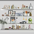 Decorative Ornament Combination on Multi Tiered Shelves with Animal Figurines Models Books Photo Frames Plants
