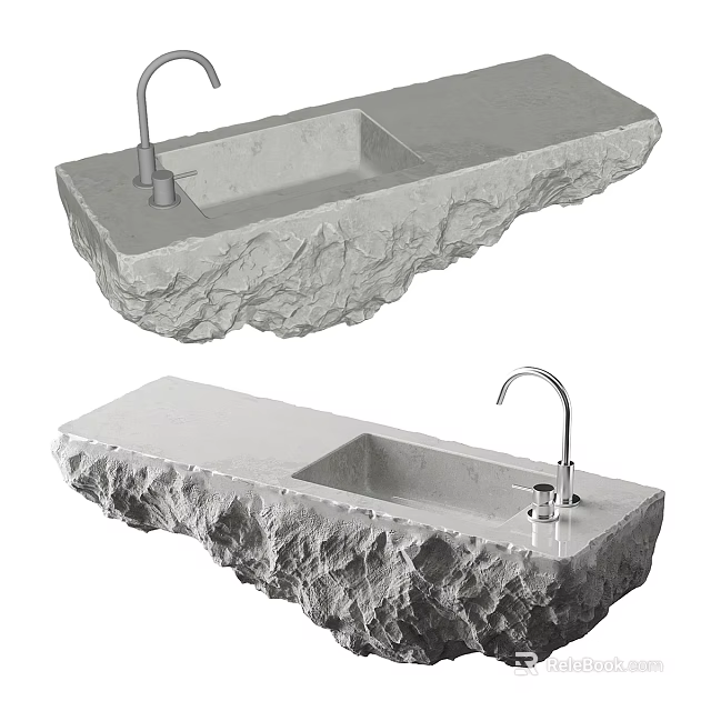 Unique Double Stone Washbasin Design With Natural Rock Texture And Modern Faucet 3d model 