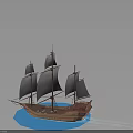 Wooden Sailing Ship With Black Sails And Multi Mast On Blue Water Surface