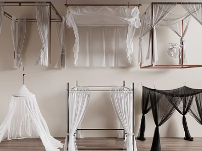Different Designs of Hanging And Framed Bed Canopy in White And Black Sheer Fabric 3d model