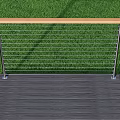 Outdoor Railing With Metal Cable Design Wooden Handrail Gray Wooden Deck And Green Grass Background