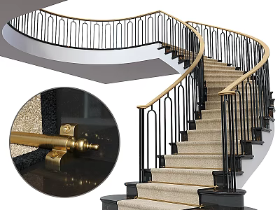 Elegant Curved Staircase Design With Black And Gold Railings And Beige Carpeted Steps 3d model